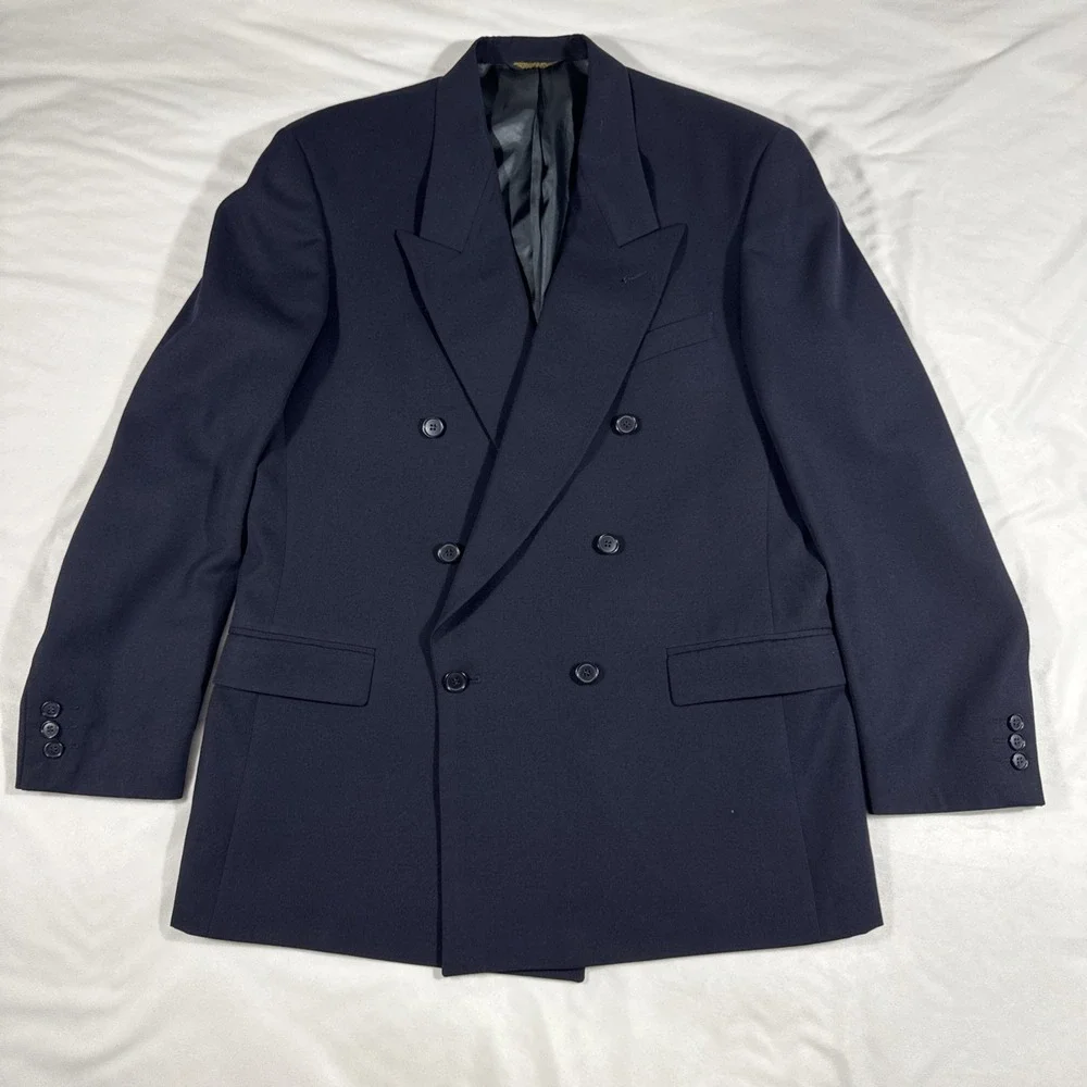 VTG 90s Pierre Cardin‎ Men 100% Wool USA Made Double Breasted Blazer Jacket Navy
